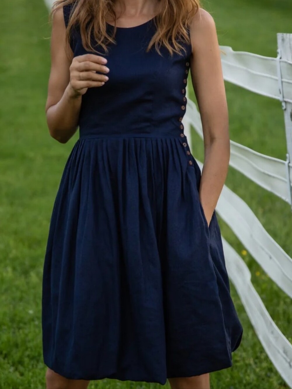 Liz Alig Lucy Navy Linen Cotton Sleeveless Gathered Waist Dress M NWOT